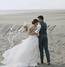 2019 A-Line Beach Wedding Dresses Modest Fashion Spaghetti Backless 3D Floral Applique Tulle Wedding Gown Floor Length Rode de mariee