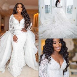 african plus size beach dresses with detachable train long sleeves lace v neck boho robes de marie summer wedding gowns