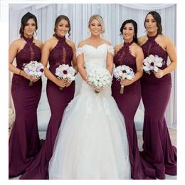 High Halter Mermaid Bridesmaid Dresses Long 2019 Applique Beaded Open Back Long Burgundy Wedding Guest Dress Party Formal Gowns Cheap 2019