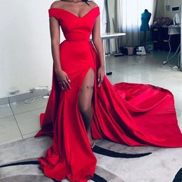Simple New Arrival Sexy Red Mermaid Prom Dresses Off Shoulder High Side Split Satin Long Formal Dress Evening Gowns ogstuff