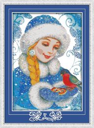 The blue-coated girl decor cross stitch ,Handmade Cross Stitch Embroidery Needlework sets counted print on canvas DMC 14CT /11CT