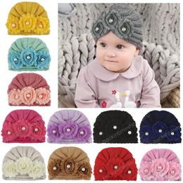 Baby Knitted wool Hats children Flower pearl Crochet Caps Autumn Winter warm Infant Kids Boys Girls India Beanie cap 12 colors
