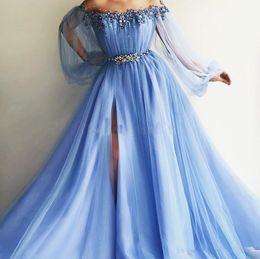 Off The Shoulder Evening Dresses 2020 Puff Sleeves Appliques Beaded Tulle Split Light Sky Blue Party Gowns Lavender Prom Dresses