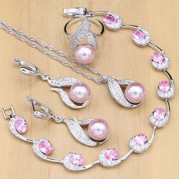 Silver 925 Bridal Jewelry Sets Pink Pearls Beads For Women Wedding Earrings Pendant Ring  Zircon Bracelet Necklace Set