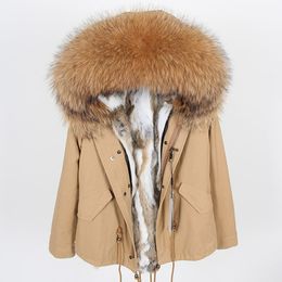 Brown raccoon fur trim hoody women warm jackets brown white rabbit fur lining khaki mini parkas