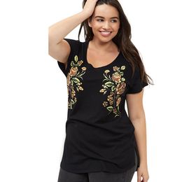 Plus Size New Fashion Women Clothing Casual Short Sleeve O Neck Split Side Floral Embroidery T-Shirt Female Trend