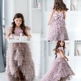 2020 High Low Flower Girl Dresses Kids Wedding Jewel Neck Feather Tiered Skirts Girls Pageant Dress A Line Custom Bow Birthday Party Gowns
