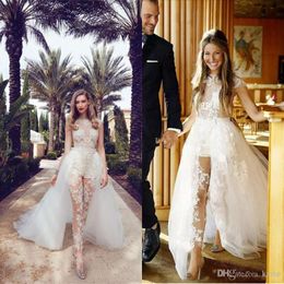 Women Illusion Jumpsuits Wedding Dresses With Detachable Train Lace Appliques Cap Sleeves Tulle Beach Wedding Bridal Gowns Pockets