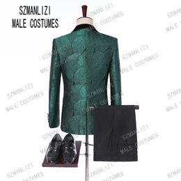 Men Suits With Pants 2019 Italian Tuxedo Slim Velvet Lapel Green Leaves Formal Groom Wedding Prom Party Suits Man Blazer226T