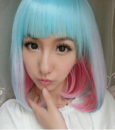 FREE SHIPPIN + Harajuku Blue Pink Mix Short 19ic Hair Cosplay Anime WigLong Ponytail