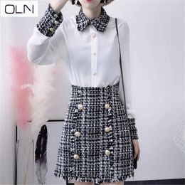 Spring summer Elegant Women 2 Pieces Set Women Tweed Tassels Chiffon Shirt Top + Gold Double-Breasted Woollen Pencil Mini Skirt