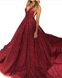 Gorgeous Rose Gold Sequined Prom Dresses 2019 deep V Neck Sparkling Sequin A-line Backless Prom Party Dresses Robe De Soiree sweep train