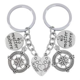 "No Matter Where Mother & Daughter" Splicing Heart Shape Puzzle Type Key Rings With Compass Pendant Charms Pair Of Two Piece Set Key Chains