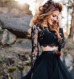 Fashion Black Lace Beach Wedding Dresses A Line Sheer Bateau Neck Two Pieces Bridals Gowns Long Sleeves Tulle Boho vestidos de noi200S