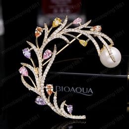 Colourful For Women Brand Designer Wedding Fashion Jewellery 18K Gold Plated Pearl Branches Brooches Pins Corsage