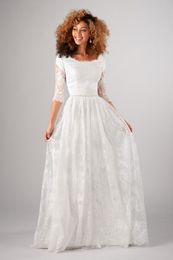 2019 New Vintage A-line Lace Modest Wedding Dress With 3/4 Sleeves Floor Length Country Wedding Bride's Dress Boho Wedding Gown