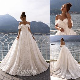 Ball Gown Pentelei Wedding Dresses Off Shoulder Short Sleeve Satin Applique Crystal Detachable Wedding Gowns Sweep Train robe de mariée