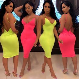 Strap Sexy Basic Party Neon Dress for Women Casual Solid Sleeveless Bodycon Dress Summer 2019 Pink Dresses