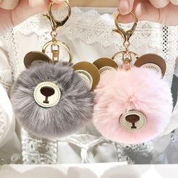 MOQ:10PCS Girls Fashion Jewelry Keychains Plush Balls Bear Fluffy Cute Pendant Key Ring For Women Bags Car Decoration