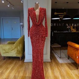 Sparkly Red Mermaid Sequined Dresses Deep V Neck Sleeve Prom Gowns Pick Ups Long Formal Evening Wear 407
