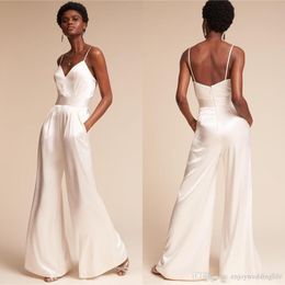 Sexy Cheap Simple Jumpsuit Prom Dresses with Pockets Spaghetti Straps Beach Formal Jumpsuits Dress Wide-Leg Pants Zipper Back Evening Gowns