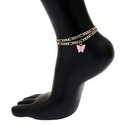 2020 Pink Butterfly Anklet Set Gold Plated Jewelry Women 2 Layer Cuban Jewelry Butterfly Pendant with Cuban Link Ankle Bracelets