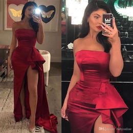 Sexy Dark Red Strapless High Low Evening Dresses 2019 Pleats Peplum Ruffles High Thigh Split Prom Cocktail Dress Formal Dress Evening Wear