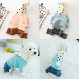 autumn and winter new dog clothes cotton elastic plus velvet onepiece hooded fourlegged clothing casual pet clothing Colour matching wave d