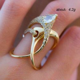 Luxury Female Geometric Hollow Ring With Zircon Fashion Party Wedding Rings For Women Vintage Yellow Gold Colour Finger Ring