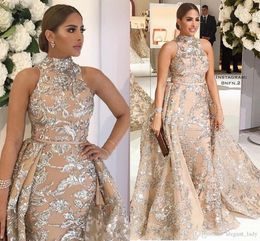 Luxury Shiny Yousef Aljasmi High Neck Prom Dresses with Detachable Train Lace Applique Plus Size Formal Dress Evening Pageant Wear Gowns