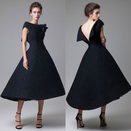Krikor Jabotian Elegant Black Evening Dresses Lace Tulle Hand Made Flowers Tea Length Prom Gowns Plus Size High Quality Formal Party Dress
