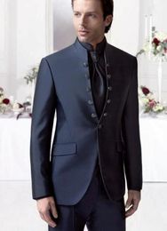 New Classic Style Groom Tuxedos Six Buttons Navy Blue Mandarin Lapel Groomsmen Best Man Suit Mens Wedding Suits (Jacket+Pants+Tie) 677