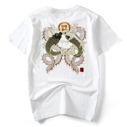 Cotton Hand Embroidery Brocade Carp Fish and Dragon Men T -Shirt Short Sleeve O -Neck Male Tops Plus Trend Us Size Xs -Xxl