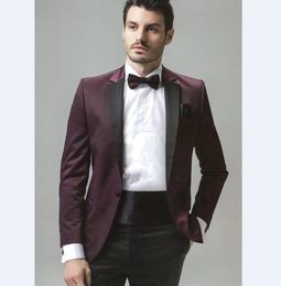 New High Quality One Button Burgundy Wedding Groom Tuxedos Notch Lapel Groomsmen Mens Dinner Blazer Suits (Jacket+Pants+Tie) 330