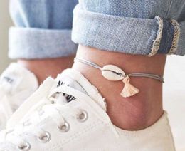 Boho Tassel Shell Pendant Anklet for Women Girl Grey Rope Adjustable Anklets Bracelets Beach Foot Jewellery