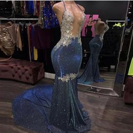 Sexy Sparkle Crystal Mermaid Prom Dresses Halter Sequins Beaded Backless Lace Applique Long Prom Formal Party Evening Gowns Custom Made