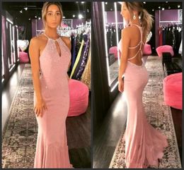 Elegant Halter Chiffon Mermaid Long Prom Dresses 2019 New Beaded Stones Criss Cross Floor Length Formal Party Evening Dresses