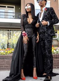 Sexy Prom Dresses With Detachable Train Stunning Jumpsuit Black Evening Wear Long Sleeves Sequins Beaded Party Gowns