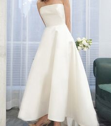 Elegant Ivory Satin Wedding Dress Strapless Backless Ankle Length Brilal Gowns robes de mariee vestidos de novia