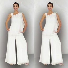 elegant 2020 mother of the bride chiffon pant suits for summer wedding asymmetrical neckline white ivory beach mother of the groom dresses