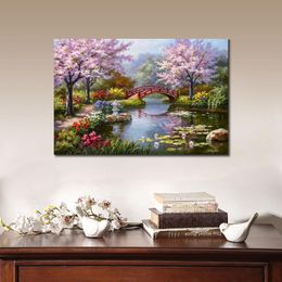 Canvas Art Oil Paintings Japanese Garden in Bloom Colourful Landscapes Artwork Hand Painted for Living Room Decor