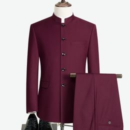 Handsome Five Buttons Groomsmen Mandarin Lapel Groom Tuxedos Men Suits Wedding/Prom/Dinner Best Man Blazer(Jacket+Pants)