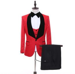 Men Red Lace Wedding Tuxedos Groom Suit With Pants Black Girl Couple Day Tailor Made Man Suits (Jacket+Pants+Bow+Vest) B500