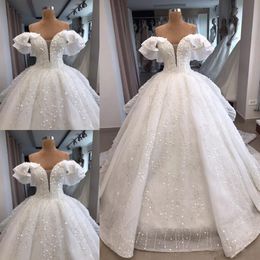 Princess White Wedding Dresses 2019 Spring Summer Off Shoulder Bridal Gowns Sequins Beaded Tulle Sweep Train Wedding Vestidos Custom Made