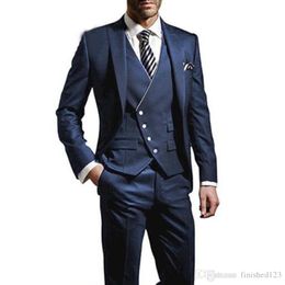 High Quality One Button Navy Blue Groom Tuxedos Peak Lapel Groomsmen Mens Wedding Business Prom Suits (Jacket+Pants+Vest+Tie) NO:1386