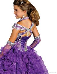 Purple Girl's Glitz Pageant Dresses Ball Gown Organza Flower Girl Dresses Hand Made Flowers Beads Crystals Tiers Toddler Page227x