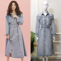 Star Song Hye Kyo Models Light Blue Denim Dress with Lace Single-breasted Female Waist Skirt Temperament Long Section of The Tide