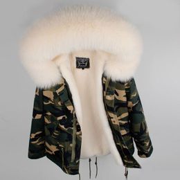 White fox fur trim hoody women warm jackets white rabbit fur lining Camouflage shell mini parkas