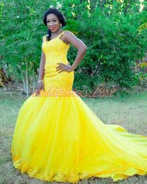 Charming Sequins Mermaid Evening Dresses Yellow Lace Beads Sleeveless Tulle Prom Gowns Robe de soirée Pageant Formal Plus Size Party Wear