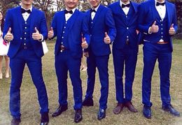 Excellent Royal Blue Groom Tuxedos Peak Lapel Men Wedding Dress Best Popular Men Business Prom Collective Suit(Jacket+Pants+Tie+Vest)2261